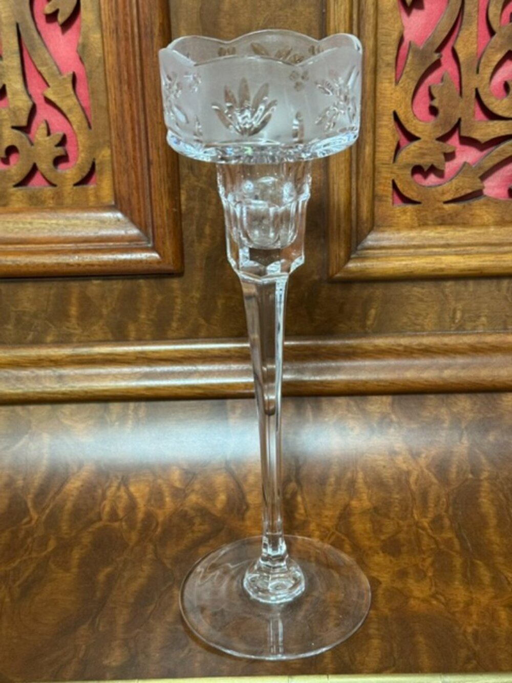 Rogaska crystal candlestick with etched fan patterns